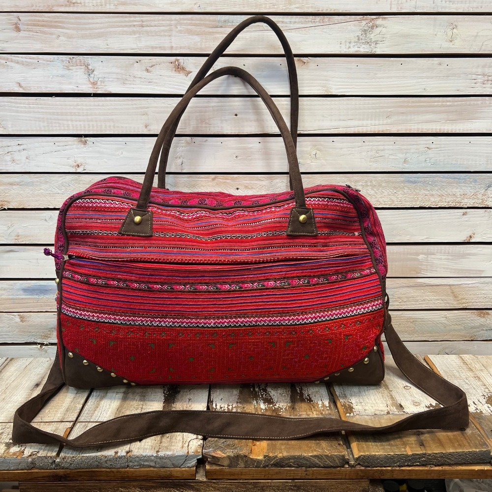 Vintage Red Woven Tapestry Oversized Crossbody Weekender Bag Large